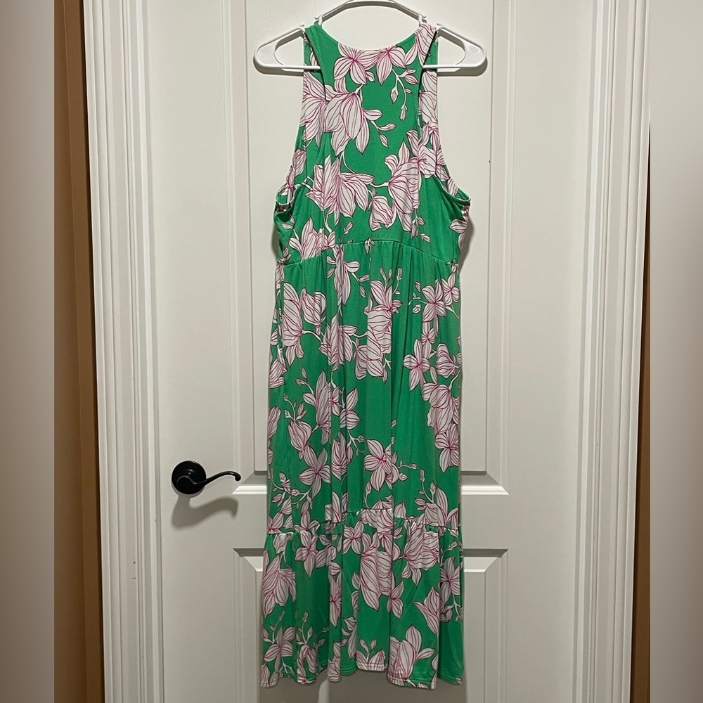 CAbi Weekend Dress #6217 Sz Large Green Tiered Midi Tank Dress Pink White Floral - Picture 7 of 11